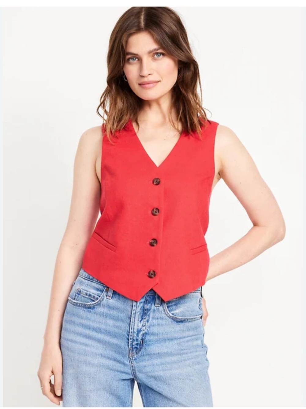 Old Navy Red Petite Relaxed Fit V-Neck Button-Front Linen Blend  Vest Size XL